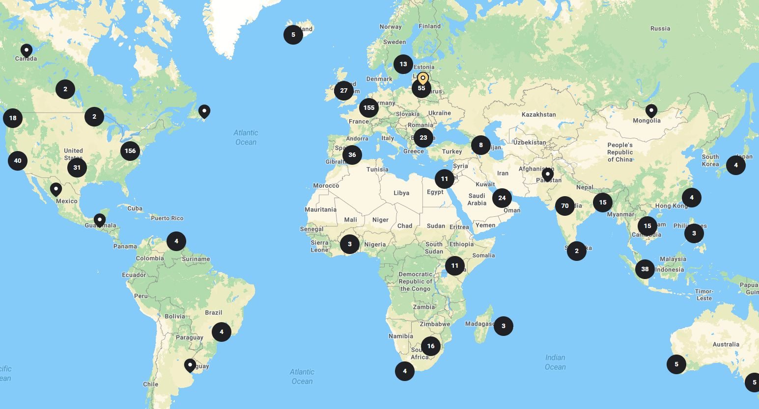 World map of Hub4Coaches members, with clusters across Europe, North America, Asia, Africa, South America and Australia